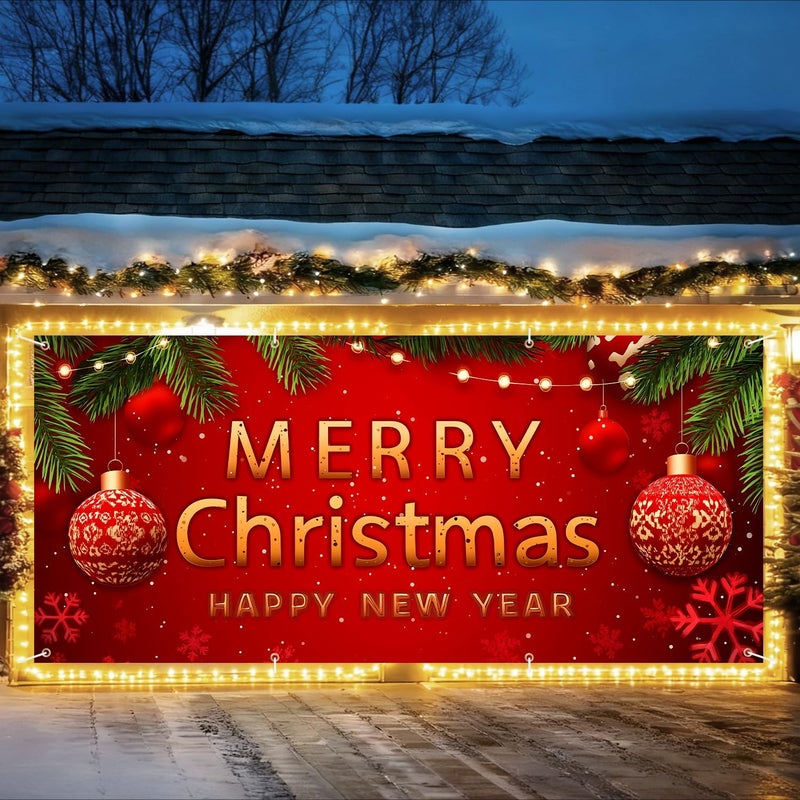 THISFIND Christmas Garage Door Banner – Red Holiday Mural Cover with Gold "Merry Christmas and Happy New Year" Text, Ornaments, Snowflakes, and Pine Decor – Outdoor Xmas Decoration for Garage or Porch - Image 1